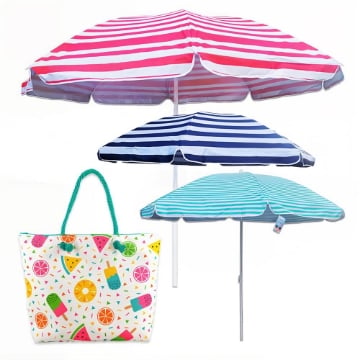 MAURY'S OMBRELLONE NIZZA DA 220  + BORSA MARE CON MANICI IN CORDA 55X40X13 CM COLORATA BIANCA CON COCOMERI GELATI E FRUTTA 