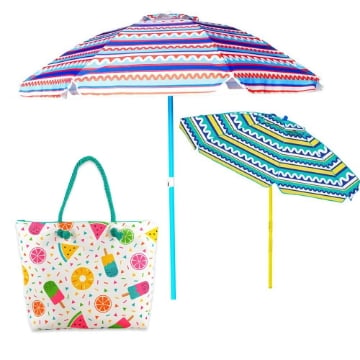 MAURY'S OMBRELLONE SIRACUSA DA 200 + BORSA MARE CON MANICI IN CORDA 55X40X13 CM COLORATA BIANCA CON COCOMERI E GELATI