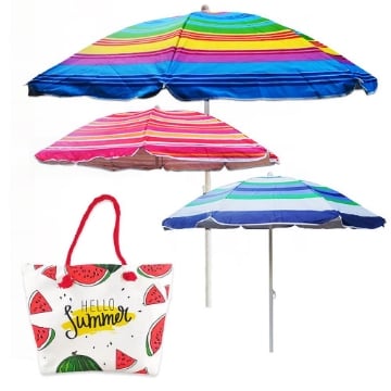 MAURY'S OMBRELLONE SORRENTO DA 180 +  BORSA MARE CON MANICI IN CORDA 55X40X13 CM COLORATA CON SCRITTA HELLO SUMMER 