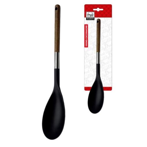 MA MAISON VIKING CUCCHIAIONE DA CUCINA MESTOLO GIRA PIETANZA COLORE NERO E MANICO EFFETTO LEGNO CON FORO