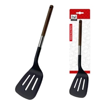 MA MAISON VIKING PALETTA FRITTO DA CUCINA MESTOLO GIRA PIETANZA COLORE NERO E MANICO EFFETTO LEGNO CON FORO