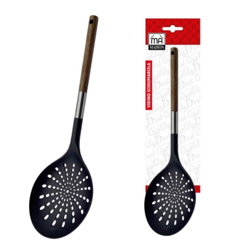 MA MAISON VIKING SCHIUMAROLA DA CUCINA MESTOLO GIRA PIETANZA COLORE NERO E MANICO EFFETTO LEGNO CON FORO