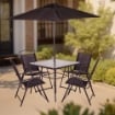 SET 6 PZ - TAVOLO CON VETRO COLORE NERO + 4 SEDIE RICHIUDIBILI E TRASPIRANTI NERE + OMBRELLONE PARASOLE NERO 