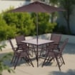 SET 6 PZ - TAVOLO CON VETRO COLORE NERO + 4 SEDIE RICHIUDIBILI E TRASPIRANTI NERE + OMBRELLONE PARASOLE GRIGIO 