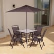 SET 6 PZ - TAVOLO CON VETRO COLORE NERO + 4 SEDIE RICHIUDIBILI E TRASPIRANTI NERE + OMBRELLONE PARASOLE GRIGIO 