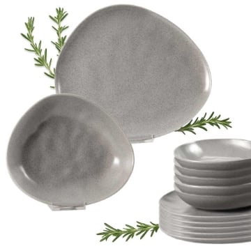 SERVIZIO PIATTI 12 PZ DESIGN FORMA TRIANGOLARE CERAMICA LAVORATA GRIGIO EFFETTO MARMO - PIATTO PIANO 30 CM - PIATTO FONDO 23 CM 