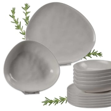 SERVIZIO PIATTI 12 PZ DI DESIGN A FORMA TRIANGOLARE IN CERAMICA LAVORATA COLORE GRIGIO - PIATTO PIANO 30 CM - PIATTO FONDO 23 CM 