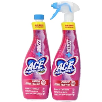 ACE CANDEGGINA PIÙ MOUSSE RIMUOVE GERMI E BATTERI RIMUOVE LA MUFFA SMACCHIA I CAPI BIANCHI 700 ML + RICARICA 700 ML OKX