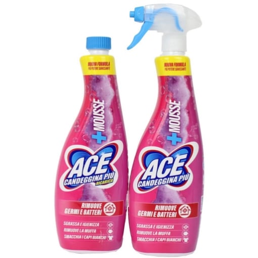 ACE CANDEGGINA PIÙ MOUSSE RIMUOVE GERMI E BATTERI RIMUOVE LA MUFFA SMACCHIA I CAPI BIANCHI 700 ML + RICARICA 700 ML OKX