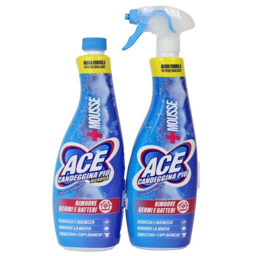 ACE CANDEGGINA PIÙ MOUSSE FRESCO PROFUMO RIMUOVE GERMI E BATTERI RIMUOVE LA MUFFA SMACCHIA I CAPI BIANCHI 700 ML + RICARICA 700 ML OKX 