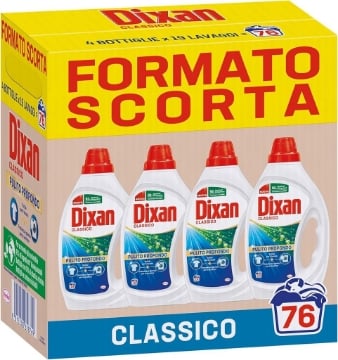 DIXAN DETERSIVO CLASSICO PULIZIA PROFONDA + FRESCHEZZA IGIENICA 4 BOTTIGLIE 76 LAVAGGI FORMATO SCORTA 4X855 ML OKX