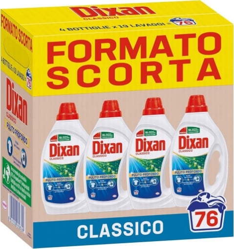 DIXAN DETERSIVO CLASSICO PULIZIA PROFONDA + FRESCHEZZA IGIENICA 4 BOTTIGLIE 76 LAVAGGI FORMATO SCORTA 4X855 ML OKX