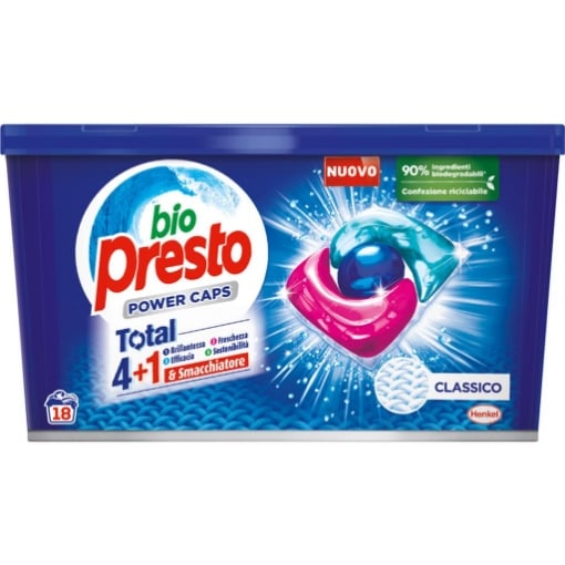 BIO PRESTO DETERSIVO PER BUCATO POWER CAPS CLASSICO TOTAL 4+1 BRILLANTEZZA FRESCHEZZA EFFICACIA SOSTENIBILITÀ 18 LAVAGGI 216 GR OKX