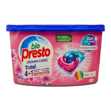 BIO PRESTO DETERSIVO PER BUCATO POWER CAPS COLOR TOTAL 4 IN 1 BRILLANTEZZA FRESCHEZZA EFFICACIA SOSTENIBILITÀ 18 LAVAGGI 216 GR OKX