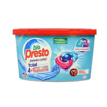BIO PRESTO POWER CAPS DETERSIVO PER BUCATO TOTAL 4+1 BRILLANTEZZA FRESCHEZZA EFFICACIA SOSTENIBILITÀ 18 LAVAGGI 216 GR OKX