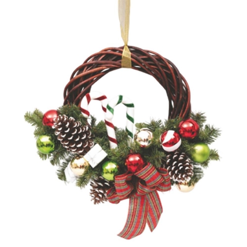 CORONA DI VIMINI PER NATALE CON DECORAZIONE DI RAMI E FIOCCO SCOZZESE DI 35 CM OKX