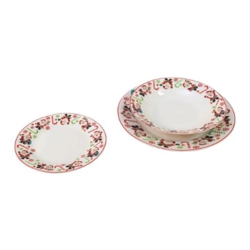 SET DI 18 PIATTI NATALIZI IN CERAMICA DECORATI AL BORDO CON BABBO NATALE, BASTONI E FIOCCHI DI NEVE
