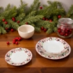 SET DI 18 PIATTI NATALIZI IN CERAMICA DECORATI AL BORDO CON BABBO NATALE, BASTONI E FIOCCHI DI NEVE