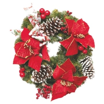 CORONA VERDE IN PVC DECORATA DA STELLE DI NATALE E PIGNE INNEVATE,DIMENSIONI DIAMETRO DI 40CM OKX