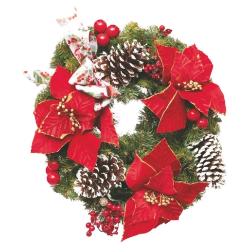 CORONA VERDE IN PVC DECORATA DA STELLE DI NATALE E PIGNE INNEVATE,DIMENSIONI DIAMETRO DI 40CM OKX