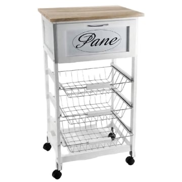 CARRELLO DA CUCINA SCRITTA PANE CON TOP IN LEGNO 47 X 37 X H 85 CM COLORE BIANCO ROVERE SBIANCATO 3 CESTELLI - 1 CASSETTO