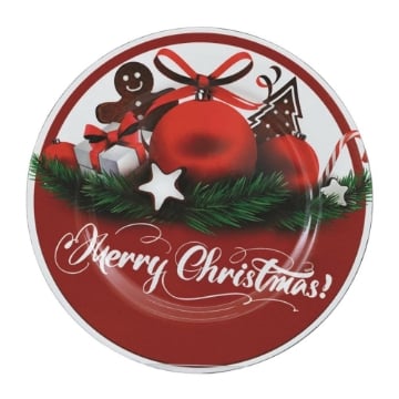 MAURY'S PIATTO DI NATALE TONDO IN PLASTICA COLORE ROSSO E BIANCO CON DECORAZIONI NATALIZIE DIMENSIONI Ø 33 CM OKX