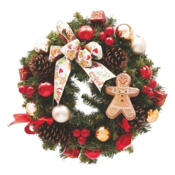 MAURY'S GHIRLANDA DI NATALE IN PVC VERDE CON FIOCCO DECORAZIONI VARIE E GINGERBREAD DIMENSIONI 40 CM OKX