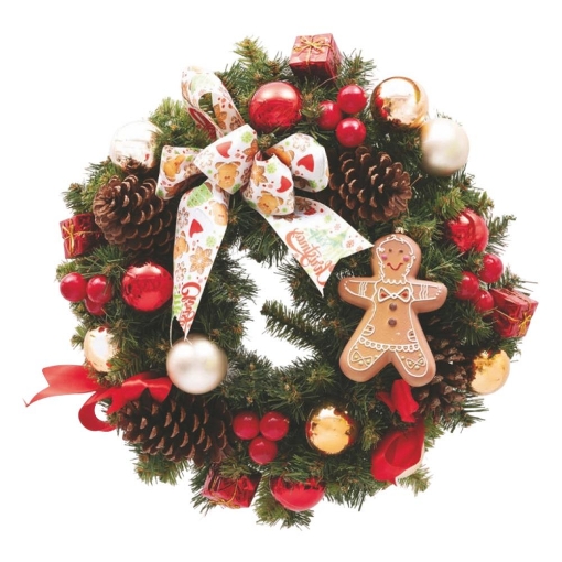 MAURY'S GHIRLANDA DI NATALE IN PVC VERDE CON FIOCCO DECORAZIONI VARIE E GINGERBREAD DIMENSIONI 40 CM OKX