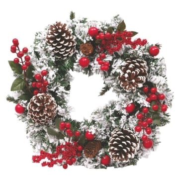MAURY'S GHIRLANDA DI NATALE IN PVC VERDE CON RAMI NEVATI PIGNE E BACCHE ROSSE DIMENSIONI 40 CM OKX