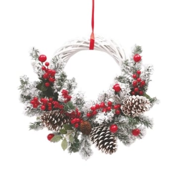 MAURY'S GHIRLANDA DI NATALE IN VIMINI BIANCA DECORATA CON RAMI NEVATI, BACCHE E PIGNE DIMENSIONI 35 CM OKX