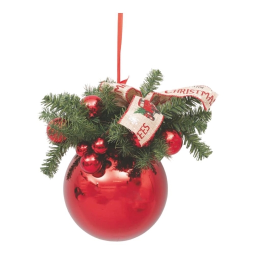 MAURY'S SFERA NATALIZIA  IN PVC CON LACCIO E FIOCCO COLORE ROSSO METALLICO CON RAMI ARTIFICIALI E SFERE ROSSE IN BUSTA Ø 20 CM OKX