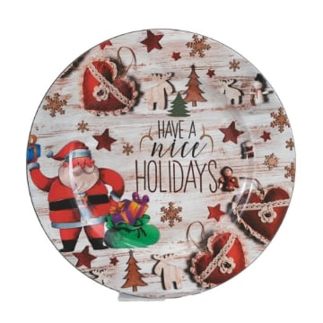 PIATTO DI NATALE TONDO IN PLASTICA CON DECORAZIONI NATALIZIE STILE SHABBY   Ø 33 CM OKX