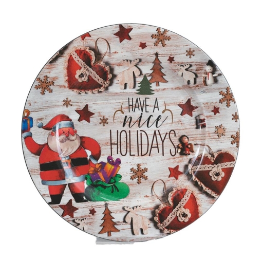 PIATTO DI NATALE TONDO IN PLASTICA CON DECORAZIONI NATALIZIE STILE SHABBY   Ø 33 CM OKX