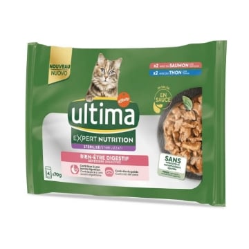 ULTIMA CIBO UMIDO PER GATTO STERILIZZATO BENESSERE DIGESTIVO CON TONNO E SALMONE 4 X 70 GR OKX