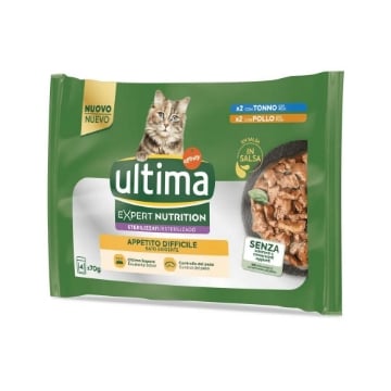 ULTIMA CIBO UMIDO PER GATTO STERILIZZATO APPETITO DIFFICILE CON TONNO E POLLO 4 X 70 GR OKX