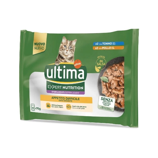 ULTIMA CIBO UMIDO PER GATTO STERILIZZATO APPETITO DIFFICILE CON TONNO E POLLO 4 X 70 GR OKX