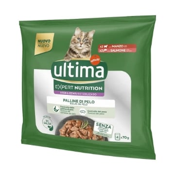 ULTIMA CIBO UMIDO PER GATTO STERILIZZATO PALLINE DI PELO CON X2 MANZO E X2 SALMONE 4 X 70 GR OKX