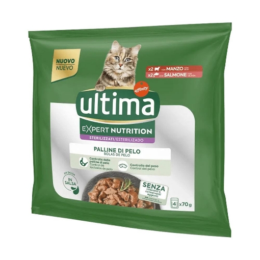 ULTIMA CIBO UMIDO PER GATTO STERILIZZATO PALLINE DI PELO CON X2 MANZO E X2 SALMONE 4 X 70 GR OKX
