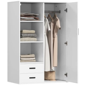 ARMADIO MODERNO CON 2 CASSETTI, RIPIANI APERTI E VANO APPENDIABITI, 80X50X124 CM, BIANCO