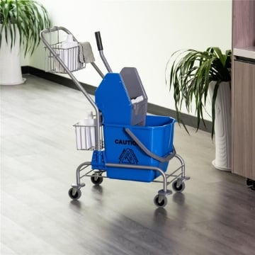 CARRELLO DELLE PULIZIE PROFESSIONALE CON SECCHIO DA 26L PER MOCIO STRIZZATORE E CESTINI A RETE BLU