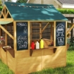 CASETTA PER BAMBINI 3-8 ANNI CON 5 FINESTRE E 2 LAVAGNE IN LEGNO DI ABETE 173X117X144 CM MARRONE E BLU