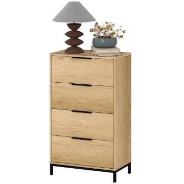 CASSETTIERA 4 CASSETTI ANTIRIBALTAMENTO CON MANIGLIE NERE IN LEGNO E METALLO 62X35X105 CM MARRONE CHIARO