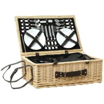 CESTA DA PIC NIC PER 4 PERSONE CON AREA FRIGO E ACCESSORI IN VIMINI 54X34X20 CM COLOR LEGNO