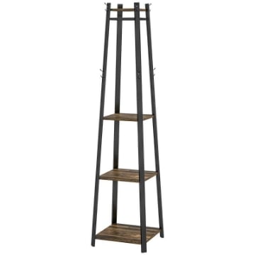 APPENDIABITI DA TERRA CON 8 GANCI, 3 RIPIANI E MENSOLA SUPERIORE, 34X34X170 CM, MARRONE