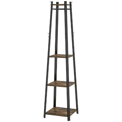 APPENDIABITI DA TERRA CON 8 GANCI, 3 RIPIANI E MENSOLA SUPERIORE, 34X34X170 CM, MARRONE