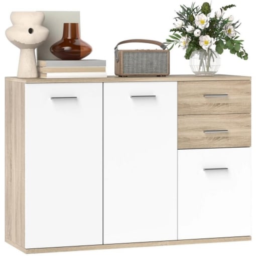 CREDENZA MODERNA CON 3 ARMADIETTI E 2 CASSETTI IN LEGNO 106X35X76 CM COLOR LEGNO
