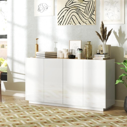 CREDENZA MODERNA CON ARMADIETTI A 2 ANTE CHIUSURA AMMORTIZZATA E RIPIANI REGOLABILI 140X40X75 CM BIANCO LUCIDO