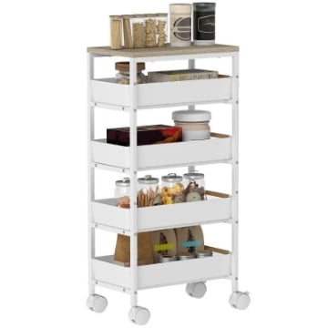 CARRELLO DA CUCINA A 5 LIVELLI CON 4 CESTI ESTRAIBILI, IN METALLO, PP E LEGNO, 39.5X24X82 CM, BIANCO E ROVERE