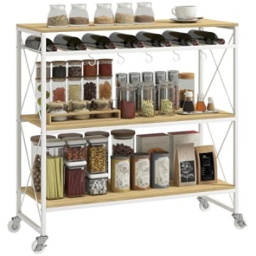 CARRELLO PORTAVIVANDE A 4 LIVELLI CON PORTABOTTIGLIE E 5 GANCI RIMOVIBILI, IN LEGNO E METALLO, 96.5X38X96.7 CM