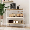 CARRELLO PORTAVIVANDE A 4 LIVELLI CON PORTABOTTIGLIE E 5 GANCI RIMOVIBILI, IN LEGNO E METALLO, 96.5X38X96.7 CM